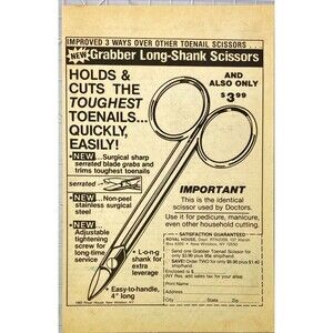 Royal House Grabber Long-Shank Scissors "Cuts the Toughest Toenails" Vtg Ad 1983